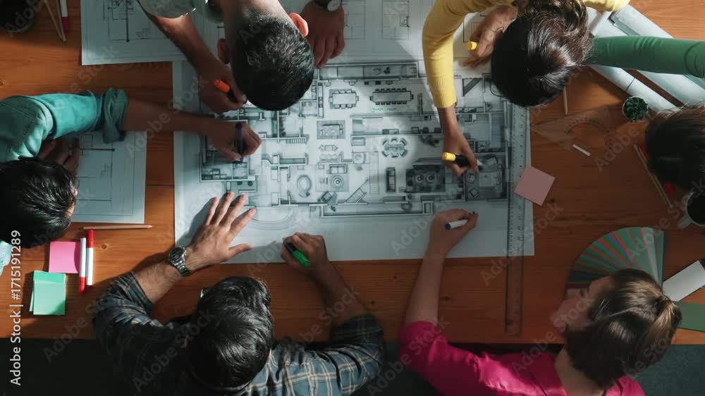 Poster top down view of civil engineer team writing at blueprint at meeting table with color palettes. grou