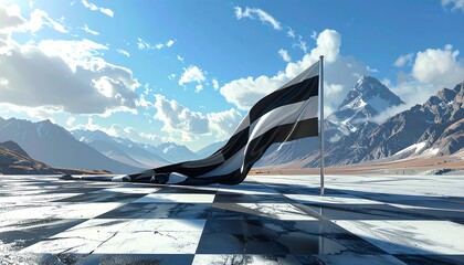 Majestic checkered flag against a backdrop of snow-capped peaks