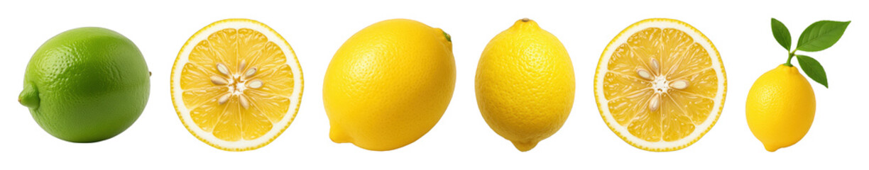 Lemon and lime citrus fruit set including whole, halved, and with leaves isolated. Fresh ingredients for healthy food and drinks.