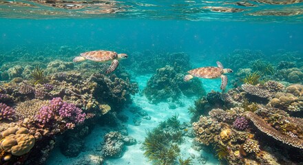 Fototapeta premium Two Sea Turtles Glide Through Vibrant Coral Reefs