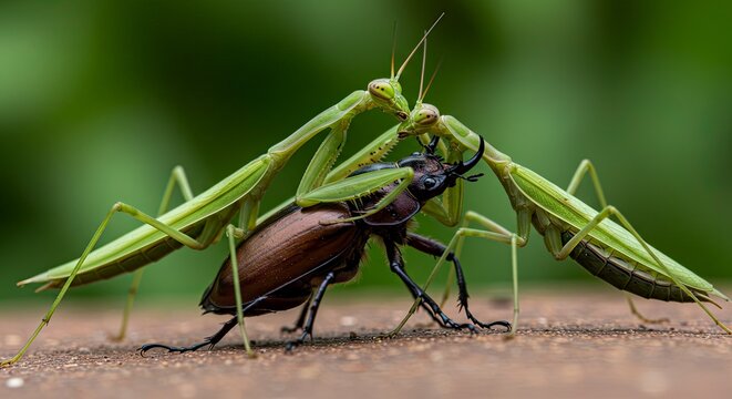 Two Praying Mantises Attacking a Stag Beetle: Intense Insect Predation in Nature