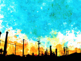 Colorful industrial skyline silhouette with vibrant blue and orange sky at sunset, featuring smokestacks, power lines, and a dramatic gradient background.