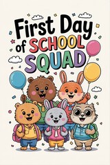 Fototapeta premium Adorable Animal Squad Ready for First Day of School with Balloon