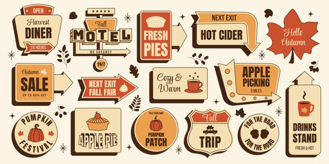 Retro autumn fall sticker set harvest festival, pumpkin,apple pie,motel,diner,maple leaves,cozy seasonal signs.Vintage mid century 50s Americana vector illustration nostalgic foliage season,road trip