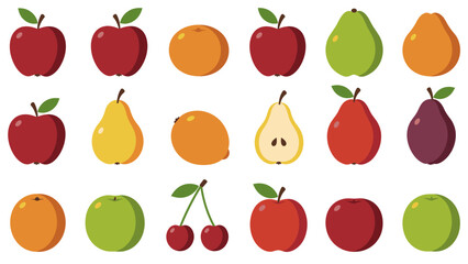 Vibrant Flat Icon Set of Healthy Fruits: Apples, Pears, Oranges, Cherries, Plum on White Background