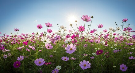 Fototapeta premium Vibrant Cosmos Field Under a Sunny Sky: Low-Angle View of Pink, White, and Purple Blossoms