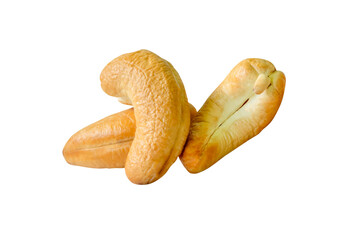 Roasted peeled cashew nuts in stack isolated on white background with clipping path