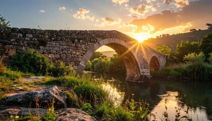 Ancient Stone Bridge at Sunset with Lush Greenery and Golden Sun Rays Reflecting in River