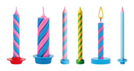 Vibrant birthday candle set including spiral pink, blue, yellow, green, and lit variations isolated. Festive party and celebration elements.