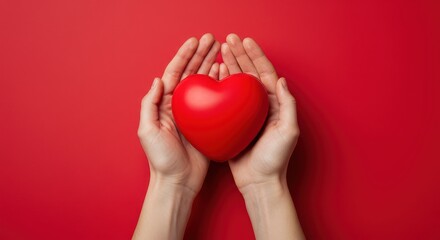 Fototapeta premium Heartfelt Hands: A close-up shot captures a person cradling a vibrant red heart with both hands, set against a scarlet backdrop, the image conveys themes of compassion, love, and emotional wellbeing.