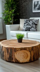 Rustic wood coffee table in a modern living room  Natural wood slab top, round shape  Small potted plant sits atop White couch, dark gray walls, and greenery