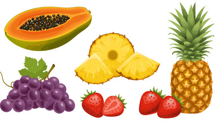 Assortment of fresh tropical and berry fruits including papaya, pineapple, grapes, and strawberries on white background