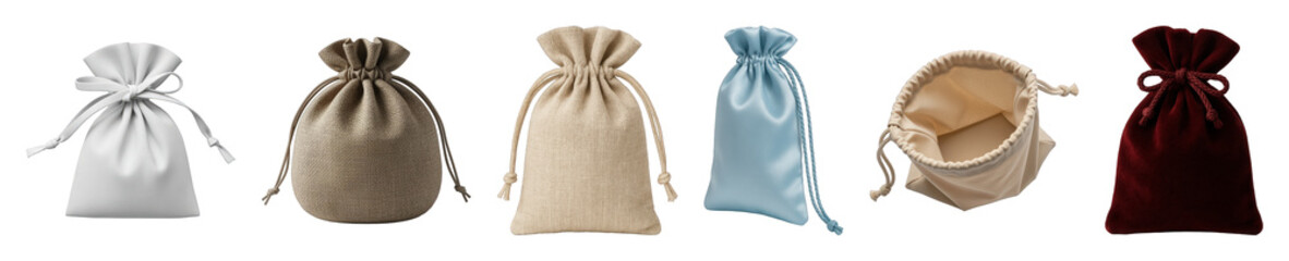 Drawstring bag set including satin, burlap, linen, velvet, and cotton pouches isolated. Elegant packaging for gifts or small items.