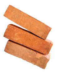 Side view of three cracked old red or orange bricks in stack isolated on white background with clipping path