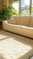 Sunlight streams into a cozy living room with a  white sofa and beige rug  Plants and a view of the outdoors are visible through the window