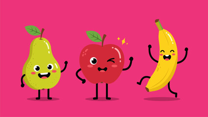 Happy Cartoon Fruits Dancing on Pink Background. Cute Pear, Winking Apple, Joyful Banana Characters. Healthy Food Fun Illustration.