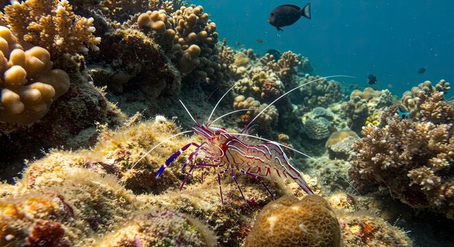Vibrant Red and White Boxer Shrimp on Coral Reef, Underwater Macro Photography