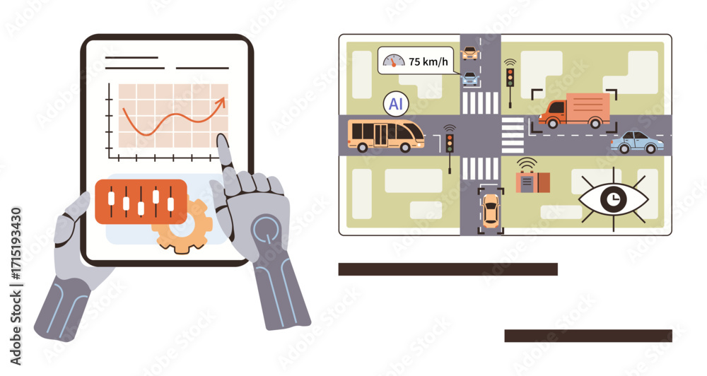 Poster robot hands operate tablet analyzing traffic increase with mechanical tools. adjacent map shows ai-m