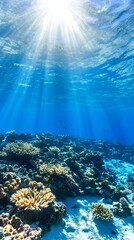 Sunlight streams through crystal-clear turquoise water, illuminating vibrant coral reefs at the ocean floor