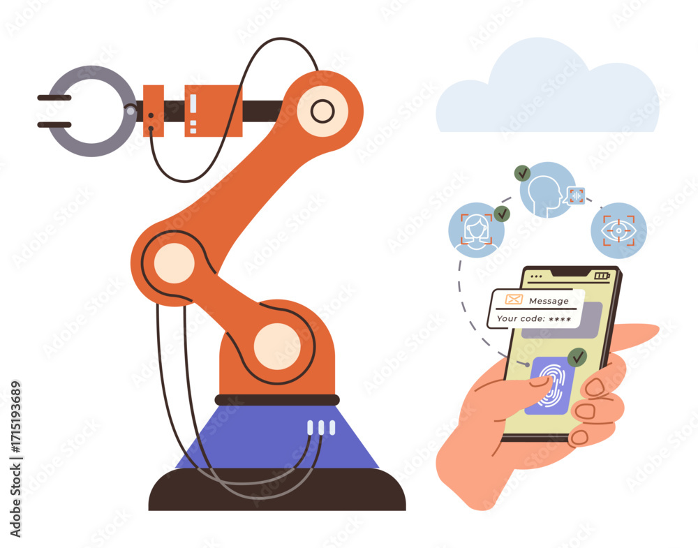 Poster orange robotic arm controlled by a smartphone with a verification code. cloud-based interaction, aut