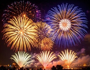 Fireworks display over a dark skyline