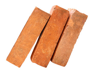 Side view of three cracked old red or orange bricks in stack isolated with clipping path in png file format