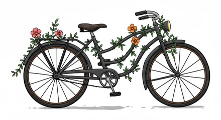 Obraz premium A vintage bicycle adorned with vibrant flowers and climbing vines, presented in a charming and artistic style.
