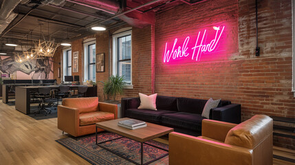 Stylish startup workspace with exposed brick wall, neon “Work Hard” sign, creative vibe