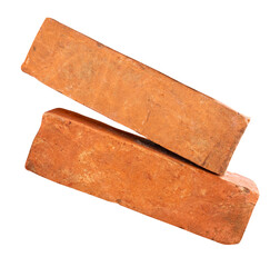 Side view of two cracked old red or orange bricks in stack isolated on white background with clipping path