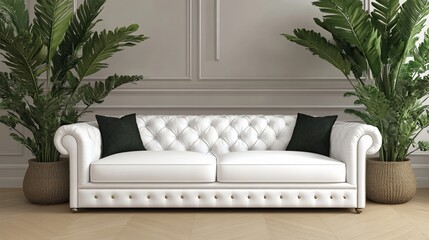 White tufted sofa in a light gray room, accented with greenery  Elegant, classic style, modern design