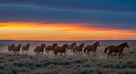 Obraz premium Wild Horses Gallop Across the Plains at Sunrise