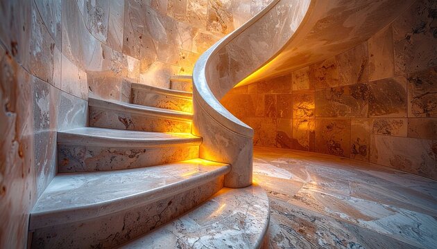 Abstracted Spiral Staircase in Warm Light with Textured Walls and Mosaic Tiles - Powered by Adobe