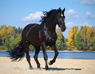 Fototapeta premium Majestic Black Horse Galloping on Golden Sand