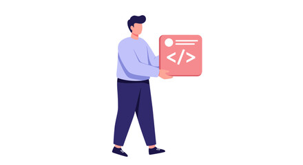 Obraz premium Stylized illustration of a man holding a red square icon with a programming code symbol, representing software development.