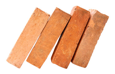 Side view of four cracked old red or orange bricks in stack isolated on white background with clipping path