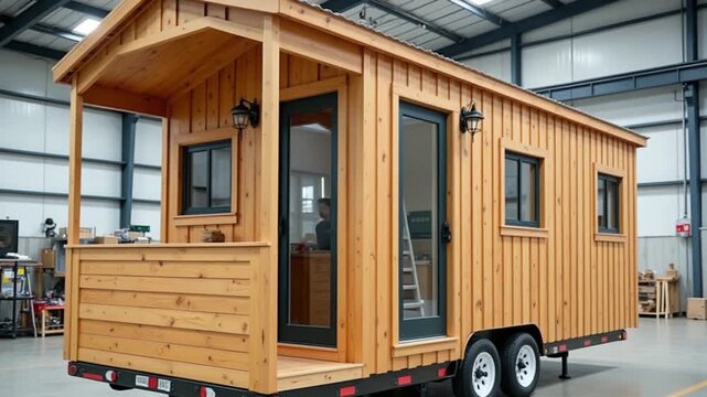 Wooden prefabricated tiny house in a factory