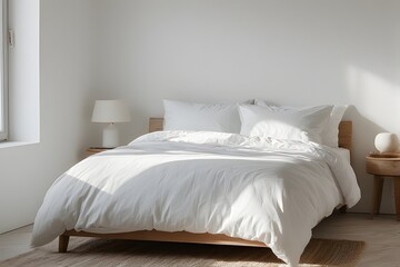 Serene minimalist bedroom bathed in soft natural light, inviting comfort and relaxation