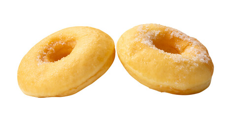 Side view of two brown sugar glazed cinnamon donuts in set isolated on white background with clipping path