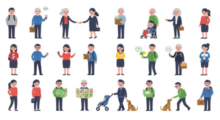 Illustration of diverse people in various activities, showcasing different ages, professions, and interactions.