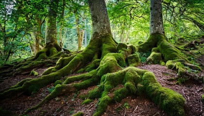 Fototapeta premium Ancient Moss Covered Tree Roots In Lush Forest Setting