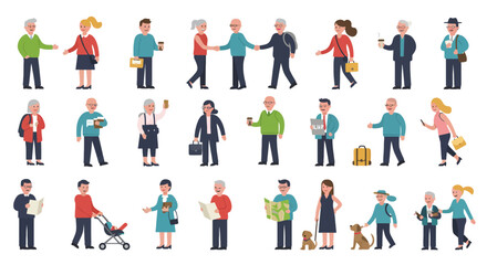 Diverse group of senior citizens engaging in various activities, including walking, socializing, and carrying items.