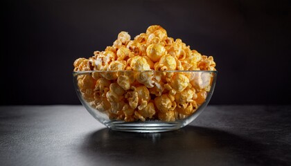 Glass Bowl With Cheesy Popped Popcorn On Dark Black Background