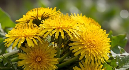 Close up of bright yellow dandelions in full bloom.