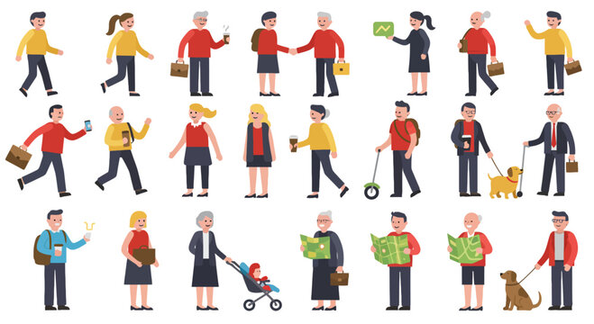 A diverse collection of cartoon people characters in various poses and activities, including students, business professionals, and families.