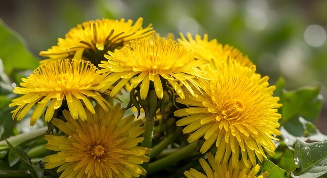 Close up of bright yellow dandelions in full bloom. - Powered by Adobe