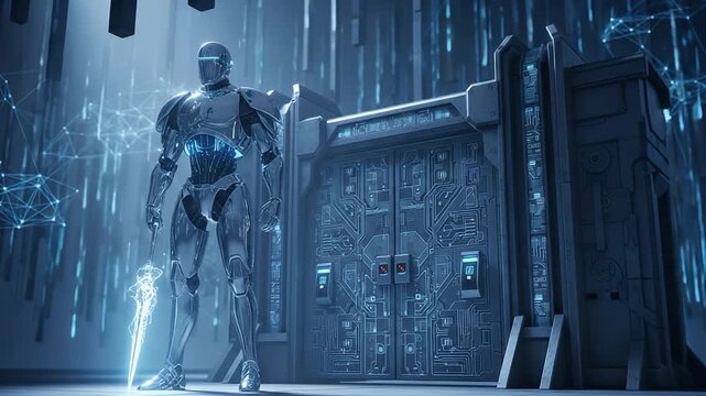Cyborg guardian with glowing staff in a futuristic digital realm, standing before an ornate data gate amidst falling code streams.