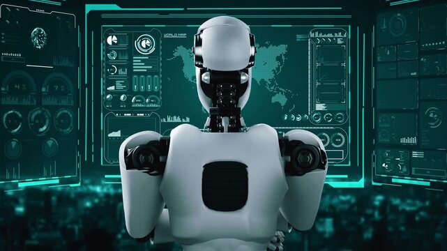 Thinking AI hominoid robot analyzing hologram screen showing concept big data analytic using artificial intelligence by machine learning process. 3D rendering.