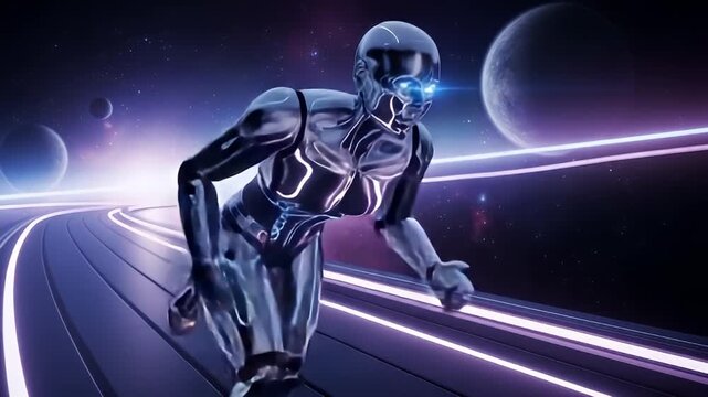 Futuristic AI Robot Sprinting on a Neon Digital Track in Outer Space