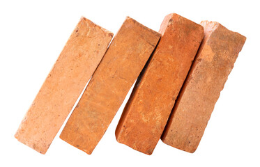 Side view of four cracked old red or orange bricks in stack isolated with clipping path in png file format