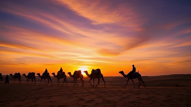 Camel caravan silhouetted against a vibrant desert sunset, evoking ancient trade routes and adventurous travel.